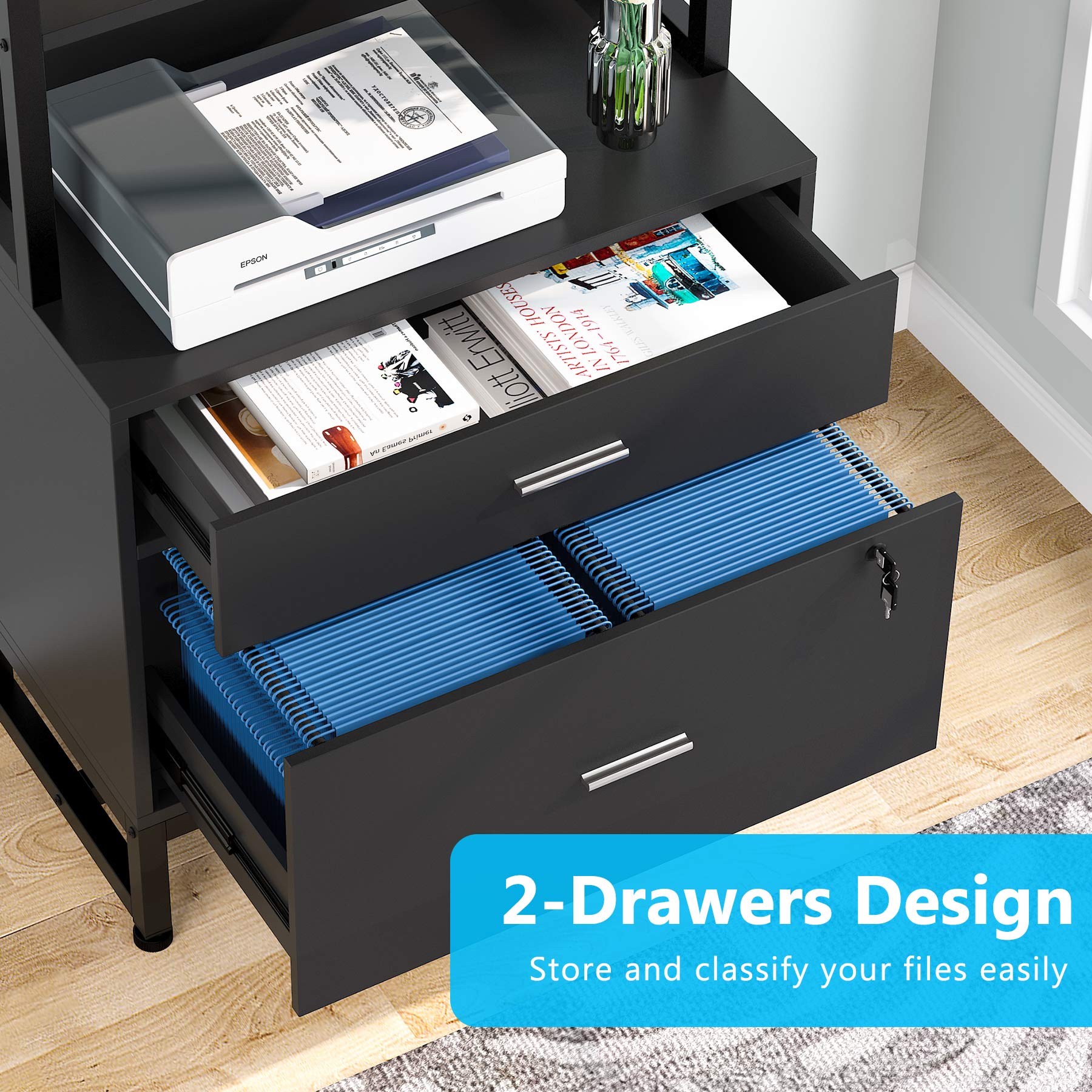 Vertical File Cabinet with 2 Drawers & Bookshelf